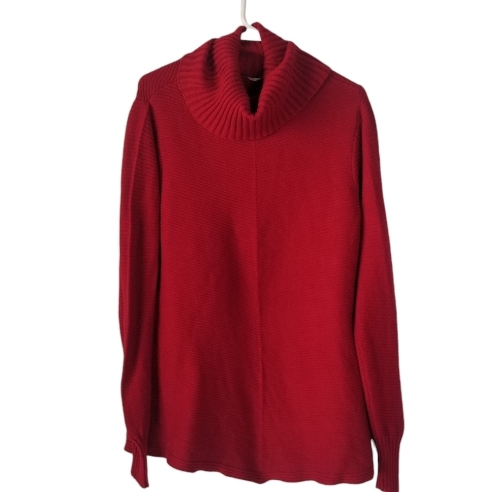 Soft Surroundings Red Cowlneck Ribbed Sweater Size L Handkerchief Hem Festive